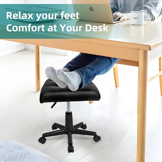 Real Leather Tall Foot Stool, Adjustable Leg Rest Ottoman Footrest with Wheels & Thick Padding, Ergonomic Footrest for Office & Gaming Chairs - Height 14.6-19.6 Inch, Lockable 360-Degree Casters