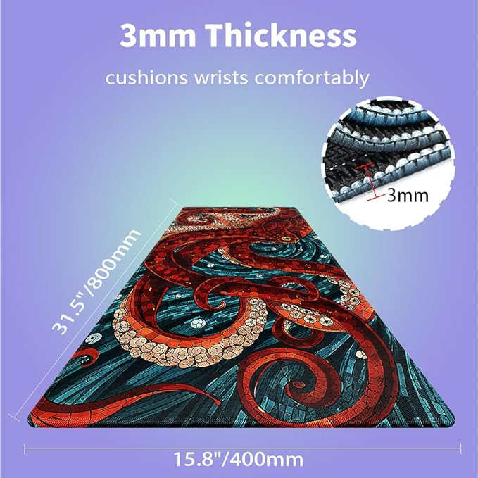 Large Gaming Mouse Pad (31.5" x 15.8")- Abstract Red Octopus Painting Art Cool Sea Monster Blue Ocean, Extra XXL Extended Office Accessories, Premium Stitched Anti-Slip Desk Mat
