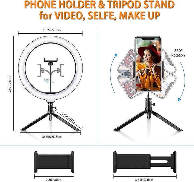 10" Desk Ring Light with Tripod Stand, 3 Light Modes & 11 Brightness Level, Adjustable Selfie Phone Halo Light with Cell Phone Holder for Video Recording, Makeup, Computer Laptop Zoom Meeting