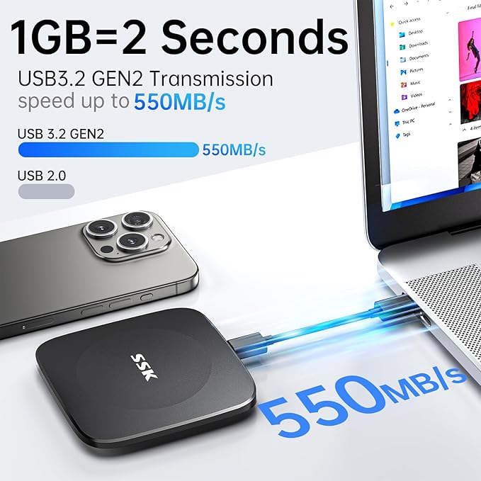 SSK External Drives 1TB,Portable SSD Speed up to 550MB/s Hard Drive Type C+USB A Fast Solid State Drives USB-3.2 GEN2 SSD-Drive USB-Data Storage for iPhone 15/Android/Windows/Mac/Xbox