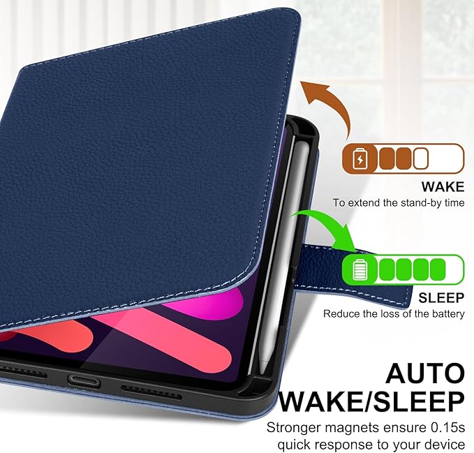 Genuine Leather Case for iPad mini 7th/6th Gen 8.3 Inch 2024/2021 | with Pencil Holder and Adjustable Stand, Magnetic Closure, Auto Wake/Sleep Cover | Blue