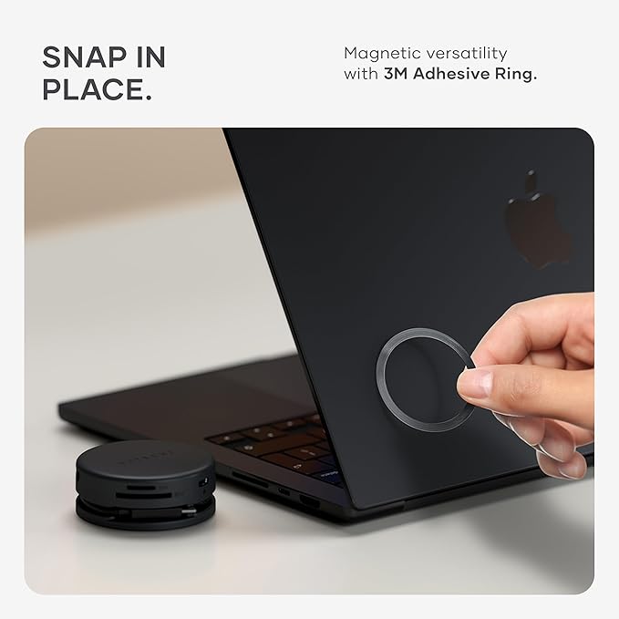 Satechi OntheGo™ 7-in-1 USB-C Hub, Compact Magnetic Multiport Adapter, 100W PD, HDMI 4K/60Hz, Gigabit Ethernet, 2×USB-A 5Gbps, SD/microSD Reader, Coiled Cable, for Mac & Windows – Space Black