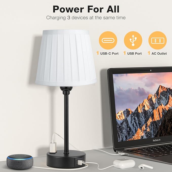 White Bedside Lamps for bedrooms Set of 2 - White Pleated Lamp Shade with USB Charging Ports, Touch Lamps for Nighstand, Night Stand Lamp for Dorm/Office/Living Room/Class Room