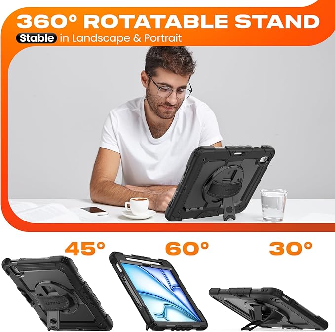 SEYMAC stock Case for iPad Air 11-inch M4-M2 2026-2024 (Gen 8-6), Shockproof Heavy Duty Case with Screen Protector, Pencil Holder, Rotating Stand, Hand Strap, Shoulder Strap, Black