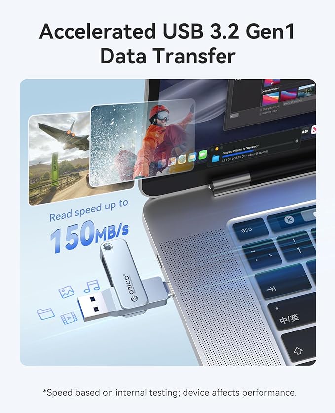 ORICO USB-Cand USB-A Flash Drive 150MB/S Metal Housing Swivel Design Support OTG Function 2 in 1 PenDrive 32GB for USB C and USB A Devices -EB05 BL