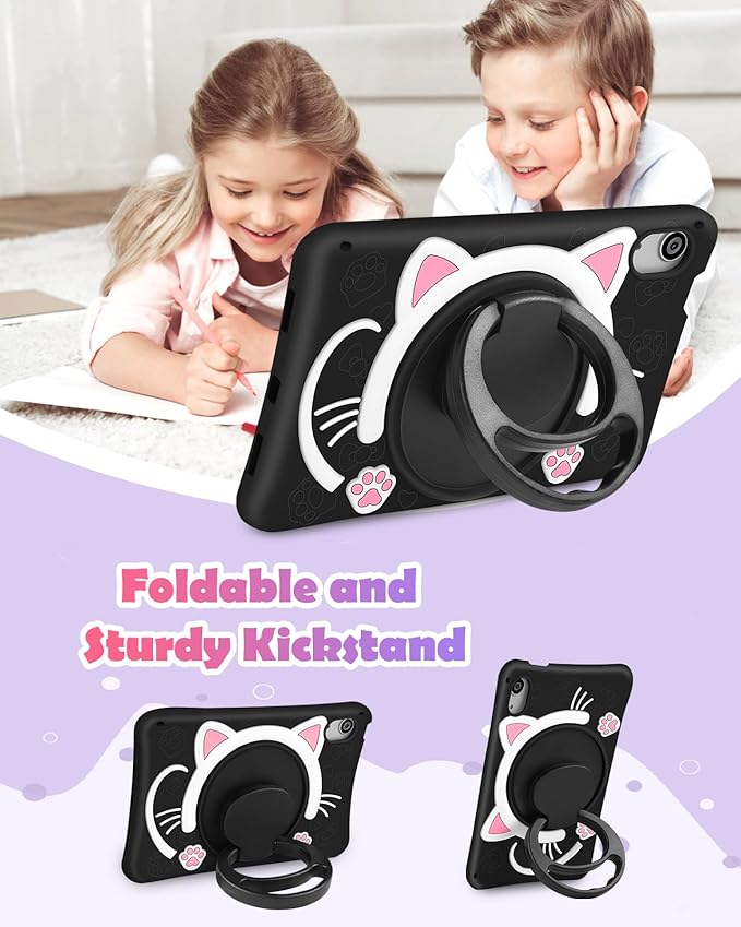 Wazzasoft for iPad mini 7 A17 Pro 2024, for iPad mini 6 Case 8.3 Inch Girls Cute Black Cat Cover Girly Kawaii Women with Rotating Stand & Strap Soft Silicone Funda for iPad mini 7th/6th Gen Cases