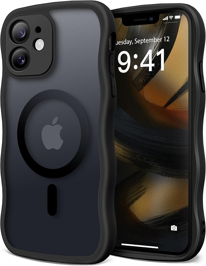 CAPRARO Cute for iPhone 11 Case, Compatible with MagSafe, [Curly Wave Edge] [Full Camera Protection] [14 FT Drop Protection] Magnetic Phone Case for 11 6.1 Inch, Black