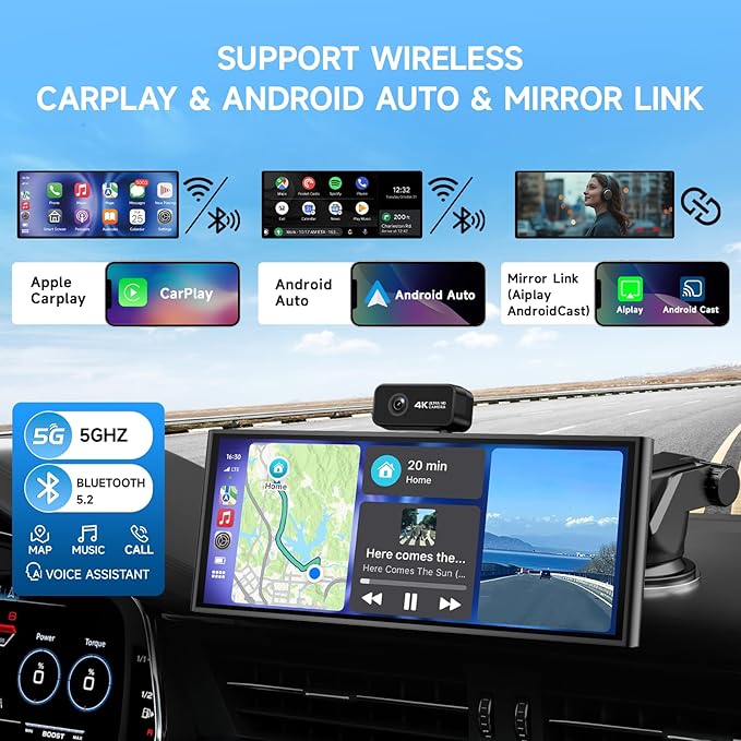 CarPlay Screen for Car Tablet Android Auto Smart Screen for Car, 4K Dash Cam Portable Car Play with 3 Channel Camera,10.26” Wireless Display with FM Radio Stereo Bluetooth 5.2, 32GB TF Card Black
