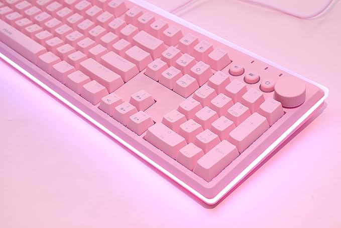 i-rocks K71M RGB Mechanical Gaming Keyboard with Media Control Knob, Switches (Blue), 107 Keys w/Full NKRO, PBT Keycaps, Multimedia Hotkeys, Detachable USB-C Cable and Onboard Storage, Pink