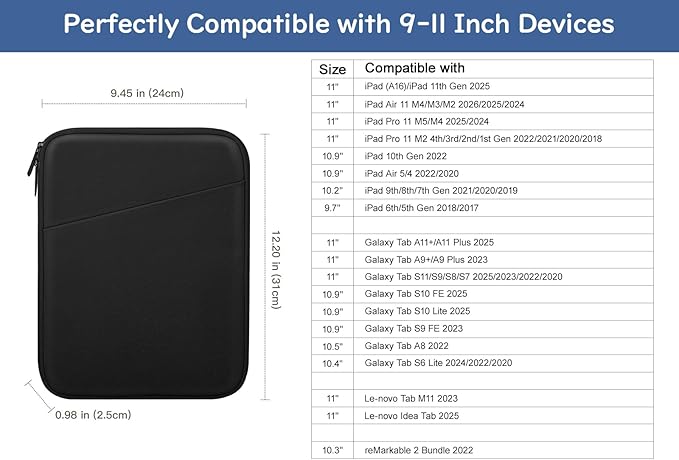 Dadanism 9-11" Tablet Sleeve Bag Carrying Case for iPad (A16) 11th Gen 11", iPad 10th Gen 10.9" Air 5/4, iPad Air M4/Pro 11", iPad 9/8/7th, Galaxy Tab A11+ Plus 11", Remarkable 2 10.3", Black