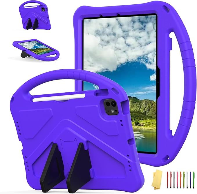 Kids Case for iPad Air 11 inch M4/M3/M2 (2026/2025/2024) with Pencil Holder/Shockproof Handle/Kickstand/Slim Lightweight Soft EVA Foam Folio Stand Tablet Protective Girls Boys Cover, Purple