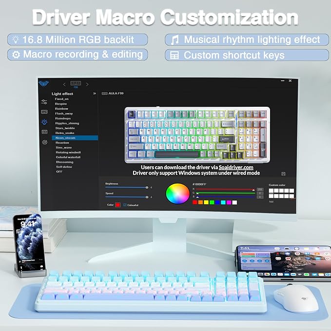 AULA F99 Wireless Mechanical Keyboard,Triple-Mode(BT5.0/2.4GHz/USB-C),Gasket Mounted Creamy Keyboard with Linear Switches, Side Printed PBT Keycaps,RGB Backlit PC Gaming Keyboards for Win/Mac