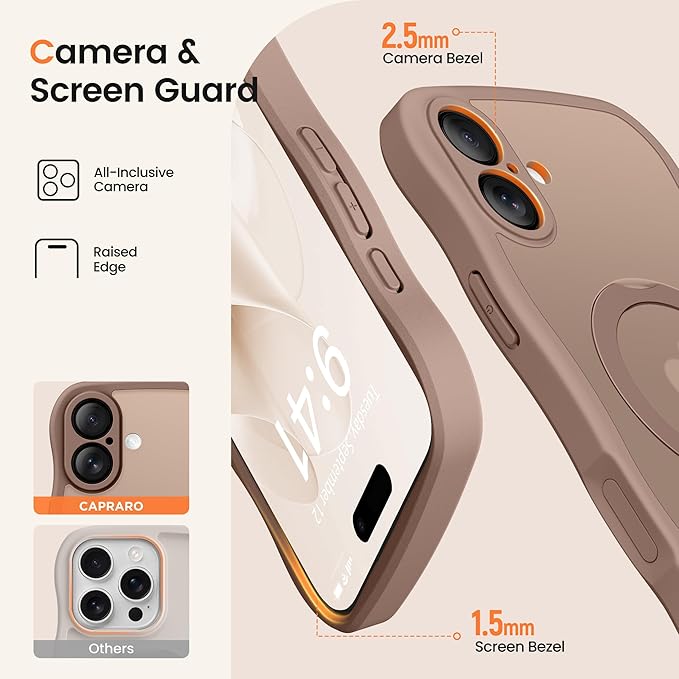 CAPRARO for iPhone 16 Case with 360° Spin Magnetic Stand for Women, [Compatible with MagSafe] [Full Camera Protection] Cute Wave Translucent Matte Case for iPhone 16, Brown