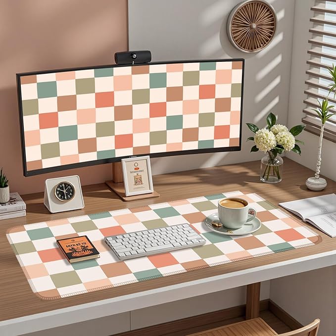 Boho Checkered Desk Mat, Retro Beige Plaid Mouse Pad Xl-31.5x15.7in-Pastel Desk Mousepad-Extended Aesthetic Keyboard Mouse Pad-for Kid Girl with Stitched Edges Non-Slip Office Decor