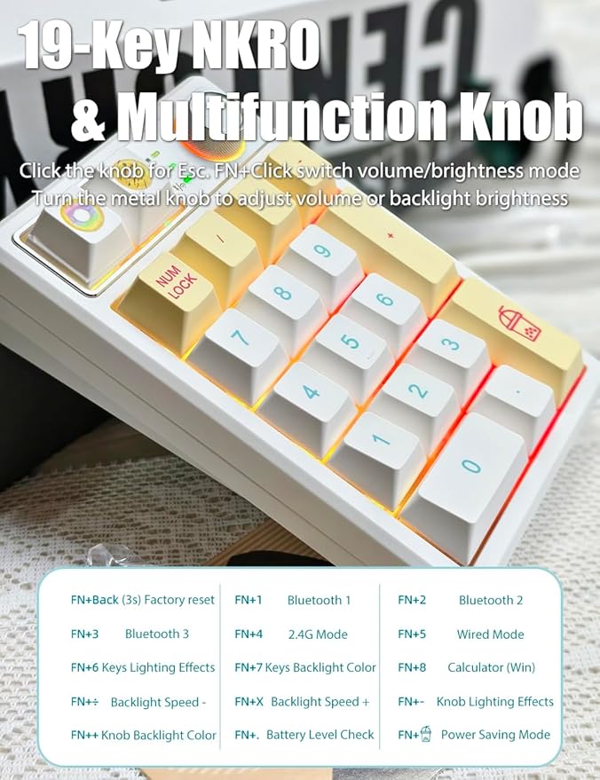Gasket Creamy Mechanical Numpad Programmable Macro Keypad Wireless 2.4G/Bluetooth 5.0/Wired USB-C RGB Backlit Hot Swappable Number Pad Rechargeable Numeric Keyboard Metal Knob, Donut