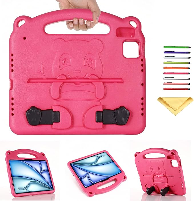 Case for Apple iPad Air 11 inch (M3/M2) & iPad Pro 11 inch Case (M5/M4) 2025/2024 with Kickstand/Handle Kids-Proof Lightweight Soft EVA Foam Shockproof Slim Stand Tablet Cover, Rose Panda