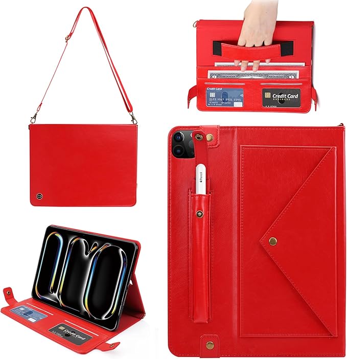 Handbag Case for iPad Pro 13-inch M5 2025/M4 2024, Techcircle Folio Stand PU Leather Crossbody Wallet Case with Pencil Holder, Hand Strap & Shoulder Strap, Red