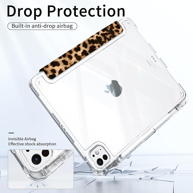 Shockproof Case for iPad Pro 13 Inch M5 2025 & M4 2024 with Pencil Holder, Stable Trifold Stand, Slim Transparent Clear Back Cover, Auto Wake/Sleep, Leopard