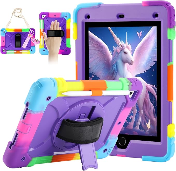 for iPad 6th Generation/iPad 5th Gen/iPad Air 2/iPad Pro 9.7" Case with Cute Key Chain, Rugged Protective Case with Rotating Stand & Shoulder Hand Strap for iPad 6th/5th/ Air 2 (Rainbow Purple)