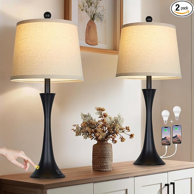 Rinweey 27.5" Table Lamps Set of 2, Touch Bedside Lamps with USB C+A Ports, 3 Way Dimmable Nightstand Lamps for Bedroom, Living Room, Office, Black Lamp with Beige Lampshade, Bulbs Included