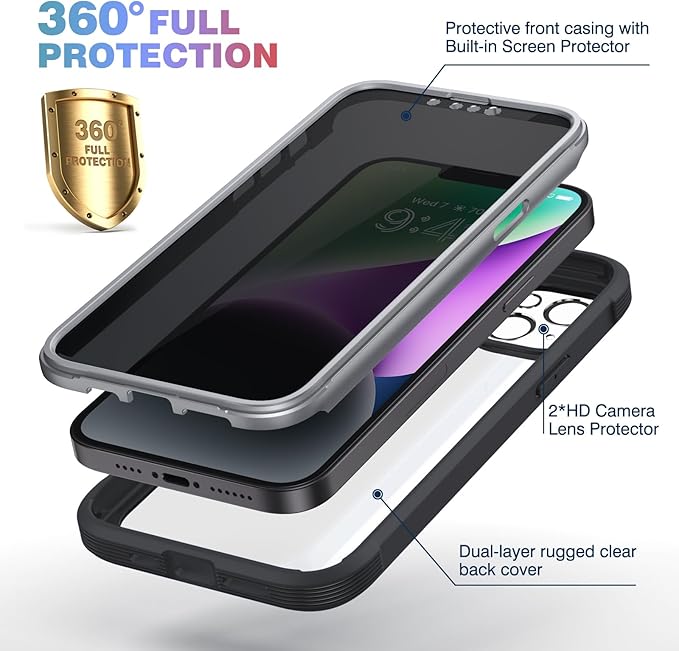 Diaclara Designed for iPhone 14 Case 6.1 Inch,Upgraded Full Body Rugged Clear Bumper Case with Built-in Privacy Screen Protector for iPhone 14,Black
