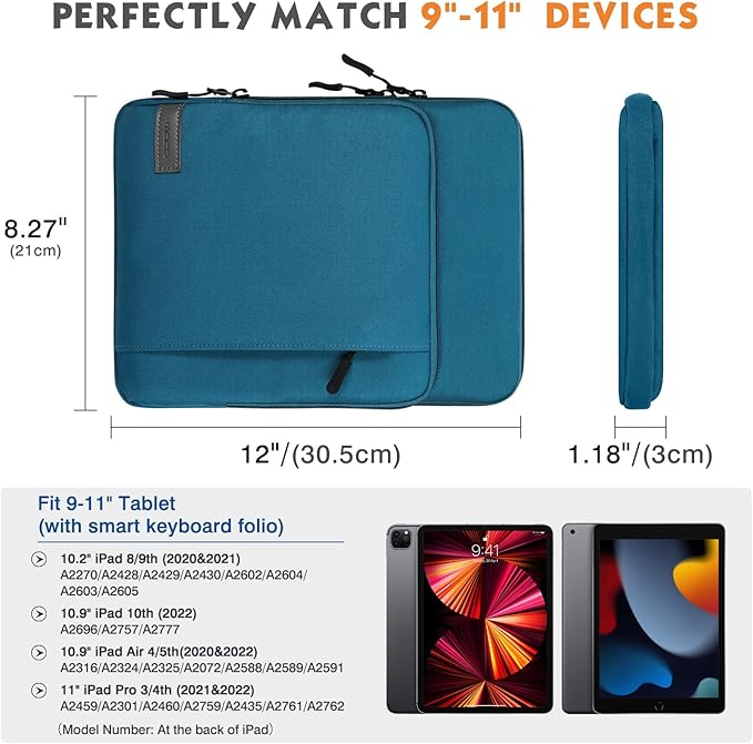 MoKo 9-11 Inch Tablet Sleeve Bag Carrying Case with Storage Pockets Fits New 11-inch iPad Air M4 2026/iPad Pro M5, iPad Pro/A16 11, iPad Air 5/4th 10.9, iPad 9/8th 10.2, Tab S8/S9 11,Peacock Blue