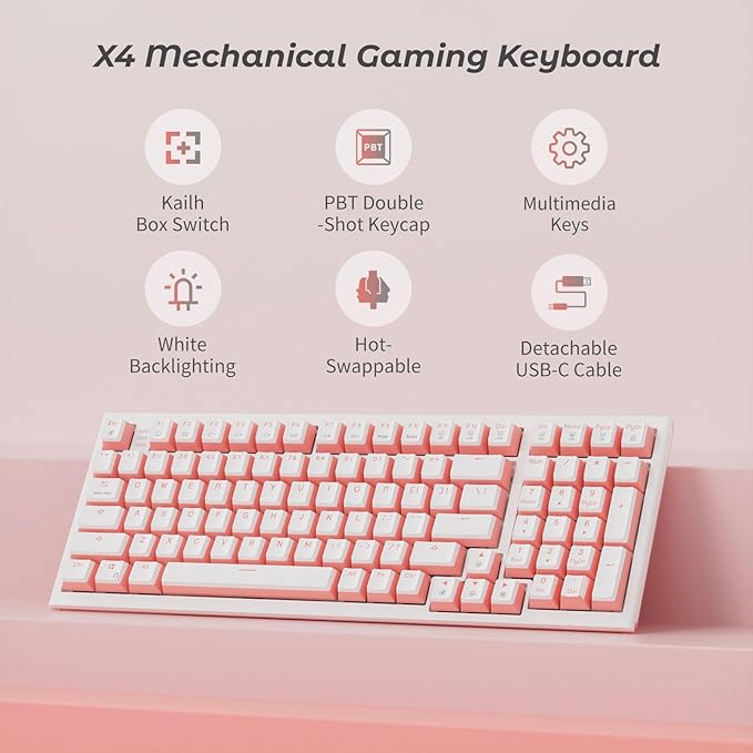 Hexgears X4 Wired Mechanical Keyboard with Number Pad, USB-C Hot Swappable Custom Keyboard, Pre-lubed Clicky Switches, White LED Backlit Computer Gaming Keyboards for PC/Tablet