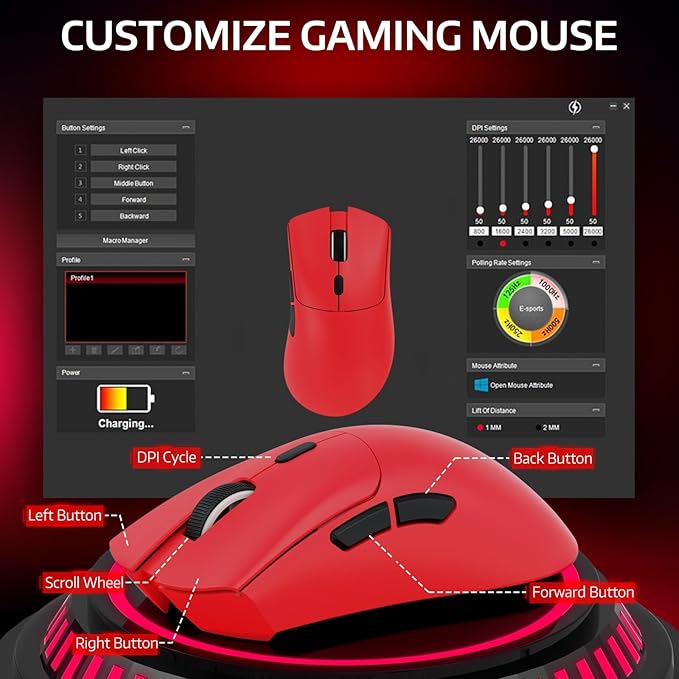 ATTACK SHARK R1 Wireless Gaming Mouse,Tri-Mode Connection (2.4G/Wired/BT5.2),55g Lightweight,18K DPI Optical Sensor,HUYU 20 Million Key Life,Ergonomic Design,for PC/Laptop/Win/Mac(Red)
