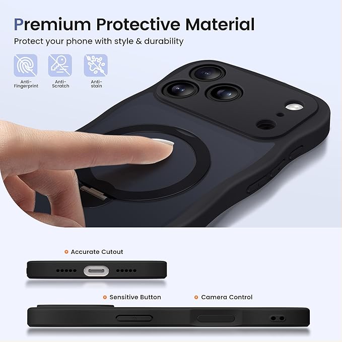CAPRARO for iPhone 17 Pro Max Case with 360° Spin Magnetic Stand for Women, [Compatible with MagSafe] [Full Camera Protection] Cute Wave Translucent Matte Case for iPhone 17 Pro Max, Black