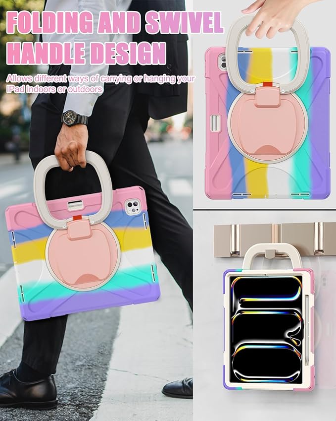 BRAECN for iPad Pro 13 Inch Case (M5/M4) 2025/2024, Heavy Duty Shockproof Silicone Cover with Multiple Adjustable Viewing Angles, Kickstand, Built-in Pencil Holder, Shoulder Strap, Colorful Pink