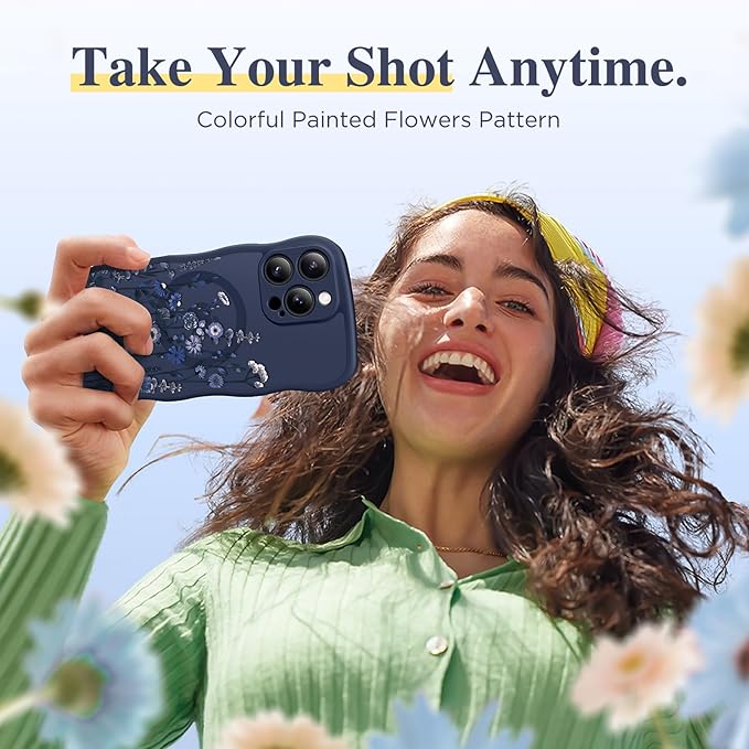 GVIEWIN for iPhone 15 Pro Case Compatible with MagSafe [Curly Wave Edge][Full Camera Protection] Floral Translucent Shockproof Magnetic Women Phone Case for iPhone 15 Pro 6.1'', Floratopia/Blue