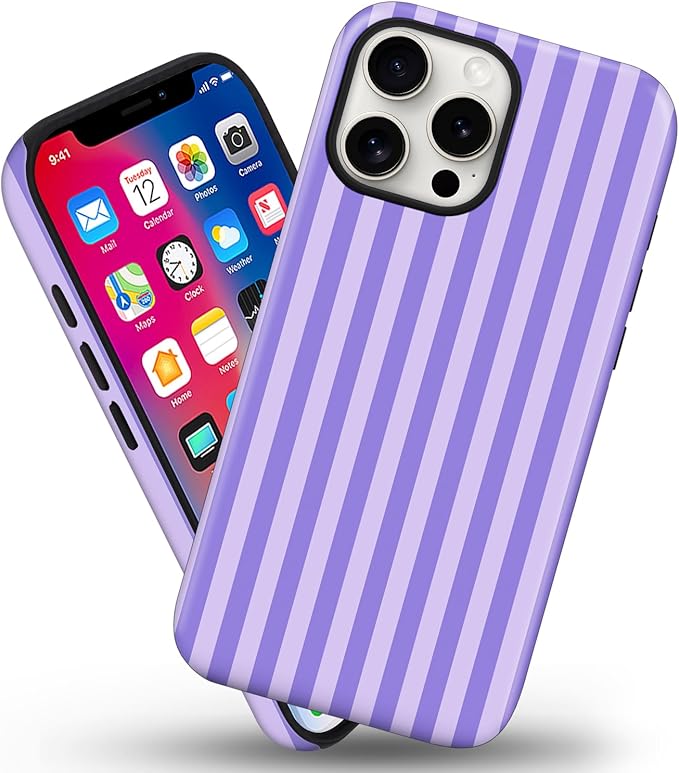 Magnetic for iPhone 16 Pro Case Cute Stripes Phone Case, Shockproof Slim TPU and Hard PC Protective Phone Cover Compatible with MagSafe Designed for Women Girls, Light Purple
