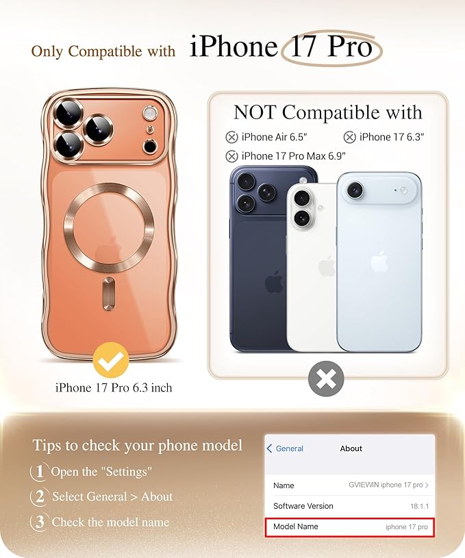 GVIEWIN for iPhone 17 Pro Case Compatible with MagSafe, Upgraded [Full Camera Protection][Cute Wave Frame][Military Grade Protection] Electroplated Hard Phone Cover for Women Girl, Clear/Rose Gold