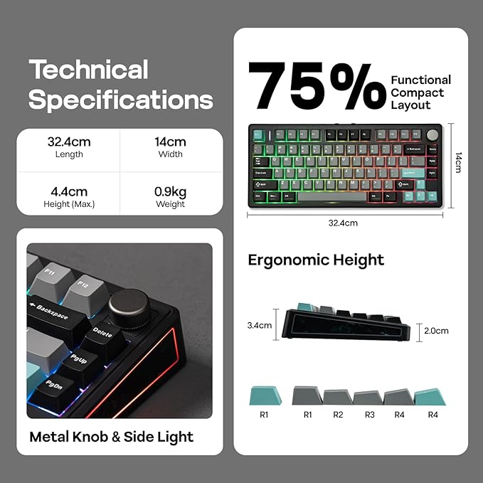 EPOMAKER TH80 V2 75% Wireless Mechanical Keyboard with Metal Knob, 8000mAh, 2.4Ghz/BT/USB-C, RGB, Hot Swap, Custom Driver, PBT Keycap, Wireless Gaming Keyboard for PC/Mac (Black, Creamy Jade)
