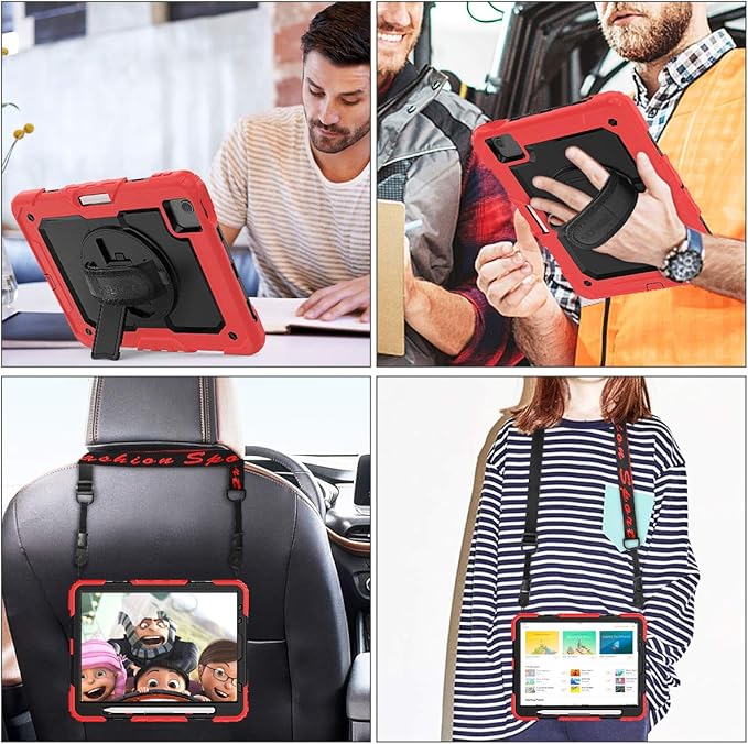 SEYMAC stock Case for iPad Air 5th/4th Generation/Pro 11 (4th/3rd/2nd) with Screen Protector Pen Holder, 360° Rotate Hand Strap/Stand Case for iPad Air 5th/4th Gen 10.9''/ Pro 11'' (Black+Red)
