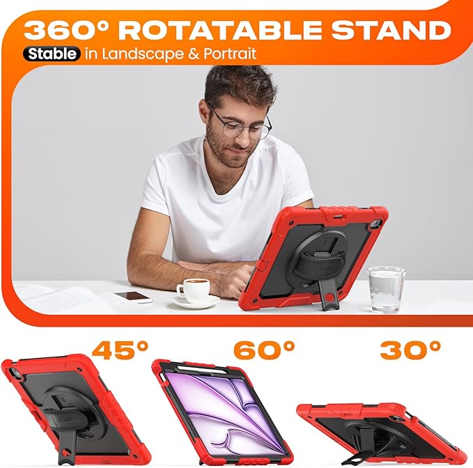 SEYMAC stock Case for iPad Air 13-inch M4-M2 2026-2024 (Gen 8-6), Shockproof Heavy Duty Case with Screen Protector, Pencil Holder, Rotating Stand, Hand Strap, Shoulder Strap, Red