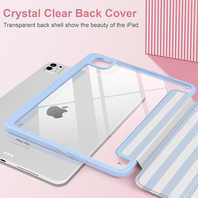 Case for iPad Pro 13 inch (M5) 2025 (M4) 2024 Release with Pencil Holder - Cute Preppy Coastal Design Aesthetic Blue White Striped Trifold Cover with Soft Bumper, Clear Back, Auto Sleep/Wake