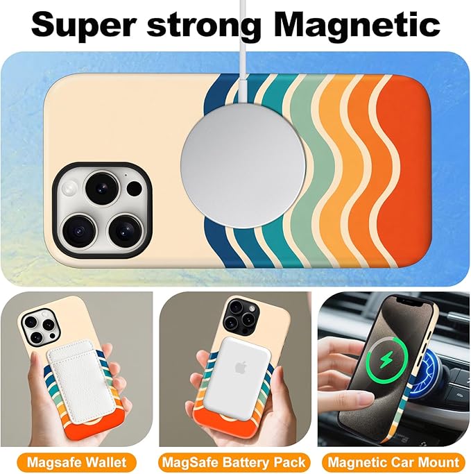 Magnetic for iPhone 15 Pro Max Case Cute Stripes Phone Case, Shockproof Slim TPU and Hard PC Protective Phone Cover Compatible with MagSafe Designed for Women Girls,Retro Wave