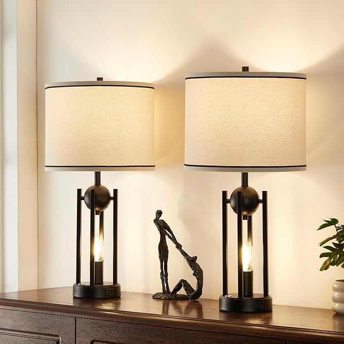 25'' Industrial Table Lamps for Living Room 1pcs with USB C+A Ports, Farmhouse Rustic Bedside Lamp for Bedroom, Touch Lamps for Nightstand, Dual Lights Independent Switch, Bulb Included, Black