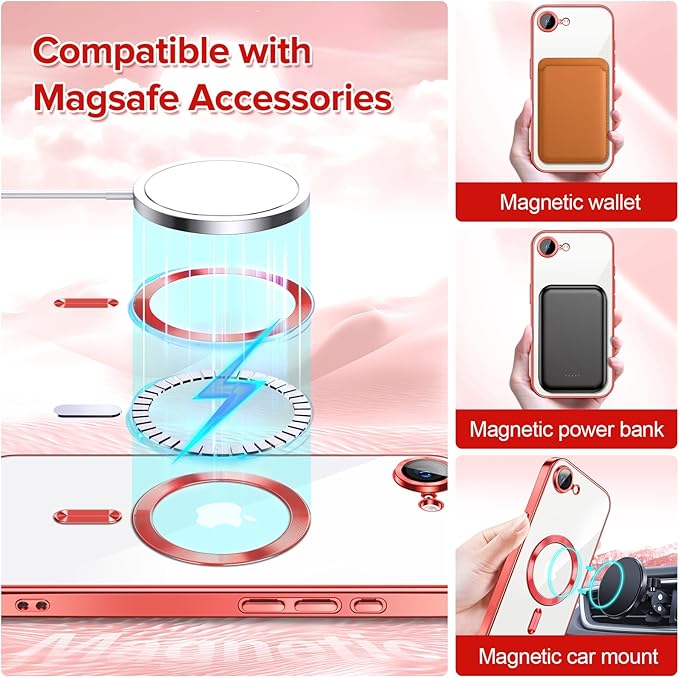 Hython Magnetic Clear for iPhone 17e Case with Camera Lens Protector [Compatible with MagSafe] Luxury Plating Edge Slim Soft TPU Cover Protective Phone Case for iPhone 17e 6.1", Red
