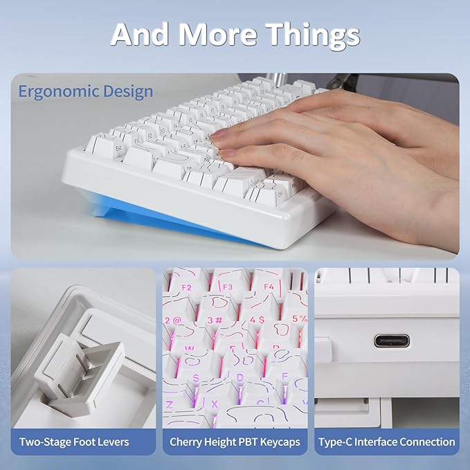 HUO JI 75% Wireless Mechanical Gaming Keyboard, Bluetooth/2.4G/USB Wired, Creamy Sound, RGB Backlit, Hot Swappable Pre-lubed Linear Switches, Volume Knob, Custom Gasket Structure for Win/Mac, White