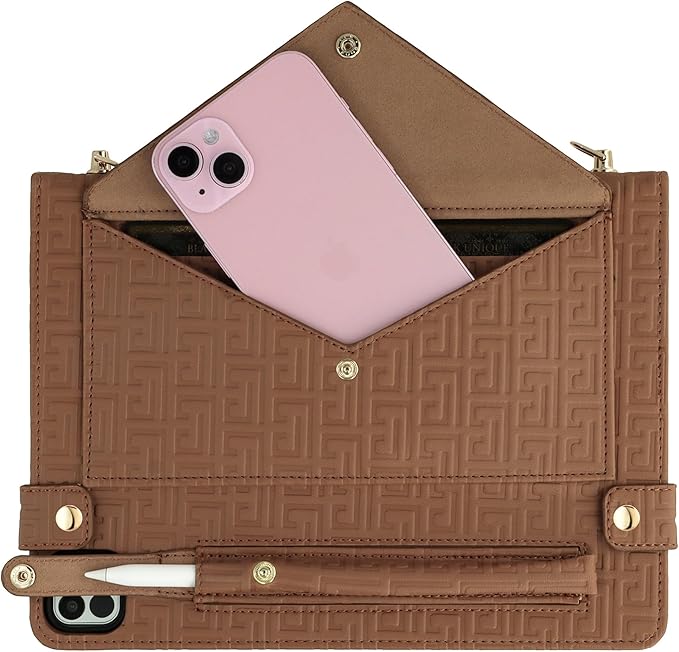 Handbag Case for iPad Pro 11" 2018-2022, iPad Air 11"/Air 4th 5th Gen, Techcircle Elegant Crossbody Folio Stand Wallet Case w/Pencil Holder, Card Slots, Hand Strap, Shoulder Strap, Brown