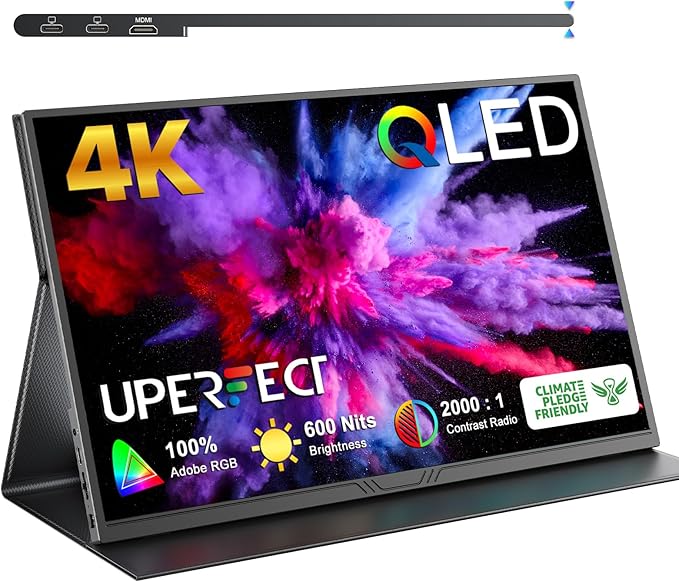 UPERFECT True 4K Portable Monitor QLED, 15.6” 600 Nits Laptop Monitor, 100% AdobeRGB, UHD 3840x2400 USB-C & MINI HDMI w/Smart Case, HDR FreeSync Eye Care, Travel Screen for Computer, PC, Game Consoles