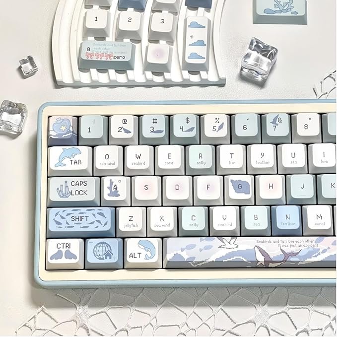 Blue White PBT Keycaps-Ocean Theme Keycaps 60 75 100 Percent, Cute Key caps Custom 118 Keys, Cherry Profile for 61/68/84/87/98/100 Cherry Gateron MX Mechanical Gaming Keyboards