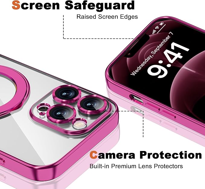 Compatible with iPhone 12 Pro Max Case with Magnetic Ring Stand [Compatible with Mag-Safe] [Full Camera Lens Protector] Soft Plating Clear Phone Case for iPhone 12 Pro Max 6.7", Rose