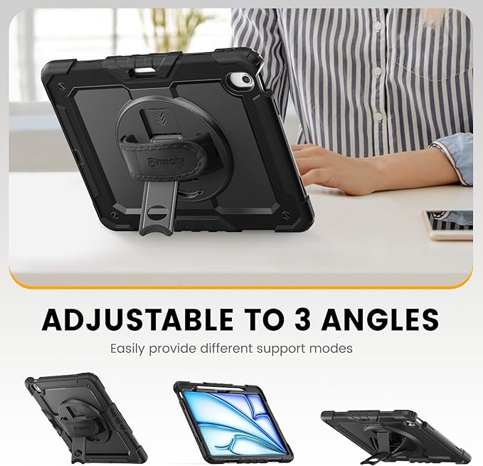 timecity for iPad Air 13 Inch Case M4 2026/ M3 2025/ M2 2024, 360° Rotating Stand, Pencil Holder & Wireless Charging, Shockproof with Screen Protector & Shoulder Strap - for Designers, Black