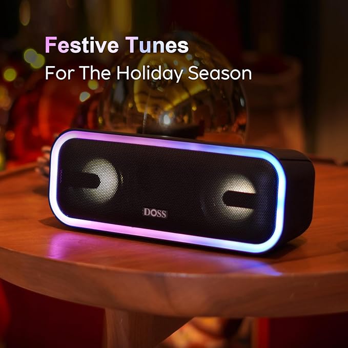 DOSS SoundBox Pro+ Bluetooth Speaker, Immersive 24W Stereo Sound with Booming Bass, IPX6 Waterproof, 15H Playtime, Mixed Colors Lights, Wireless for Backyard, Hiking, Garage, Party-Blue