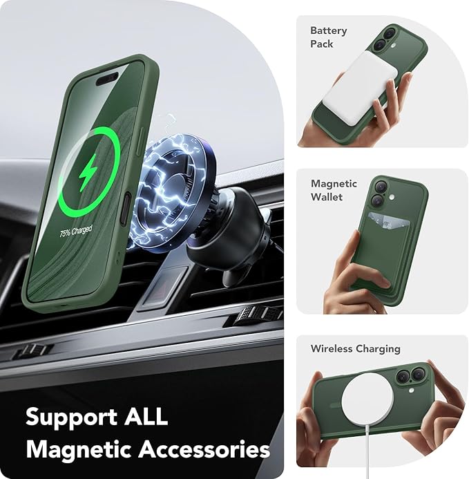 CAPRARO Magnetic Compatible with iPhone 16 Case, Upgraded [Full Camera Protection] [Compatible with MagSafe] Protective Translucent Matte Women Girl Phone Case Cover, Deep Green