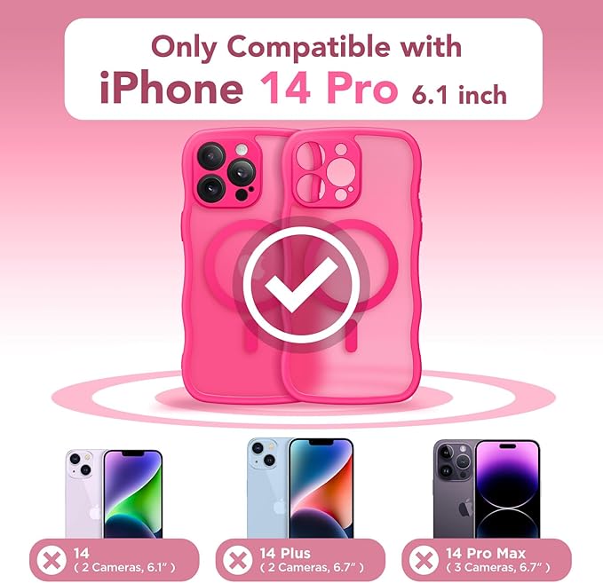 CAPRARO Cute for iPhone 14 Pro Case, Compatible with MagSafe, [Curly Wave Edge] [Full Camera Protection] [14 FT Drop Protection] Magnetic Phone Case for 14 Pro 6.1 Inch, Hot Pink