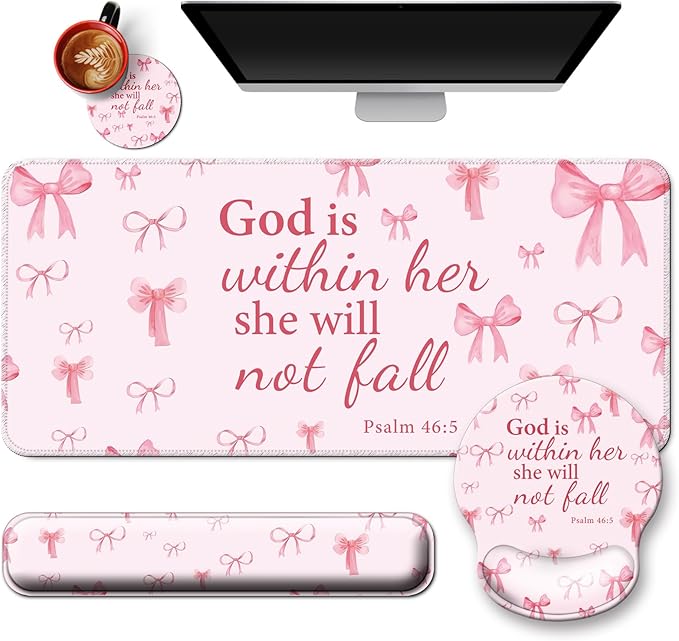 Mouse Pad + Desk Mat + Keyboard Wrist Rest + Coaster 4 in 1 Set, Cute Ergonomic Large Gaming Mousepad with Wrist Rest Support Desk Pad for Computer Laptop Office Home Decor-Pink Bow